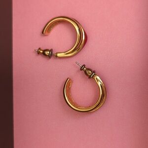 Signed Napier Post Earrings Red hoop Gold tone 1980's, 3/4"